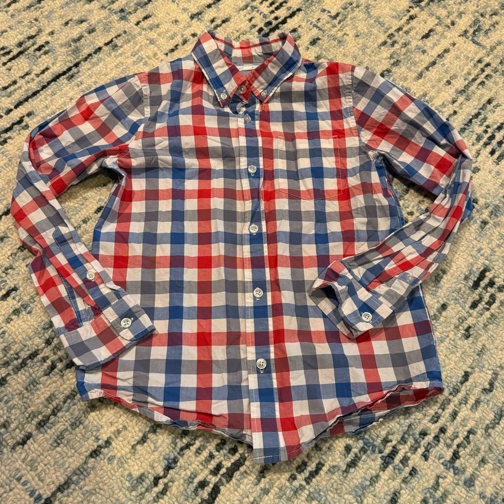 Rockets of Awesome Plaid Checked Button Down Shirt, Red, White, Blue, Size 10/12